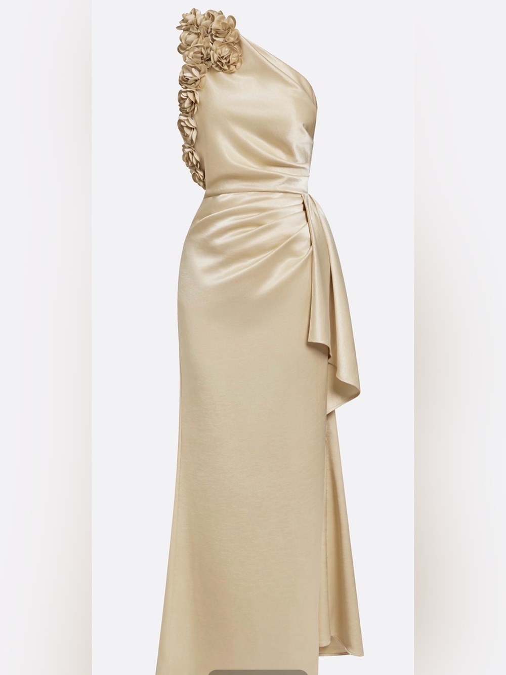 One-Shoulder Champagne Satin Evening Gown with Floral Accent #396 - Picture 7 of 13